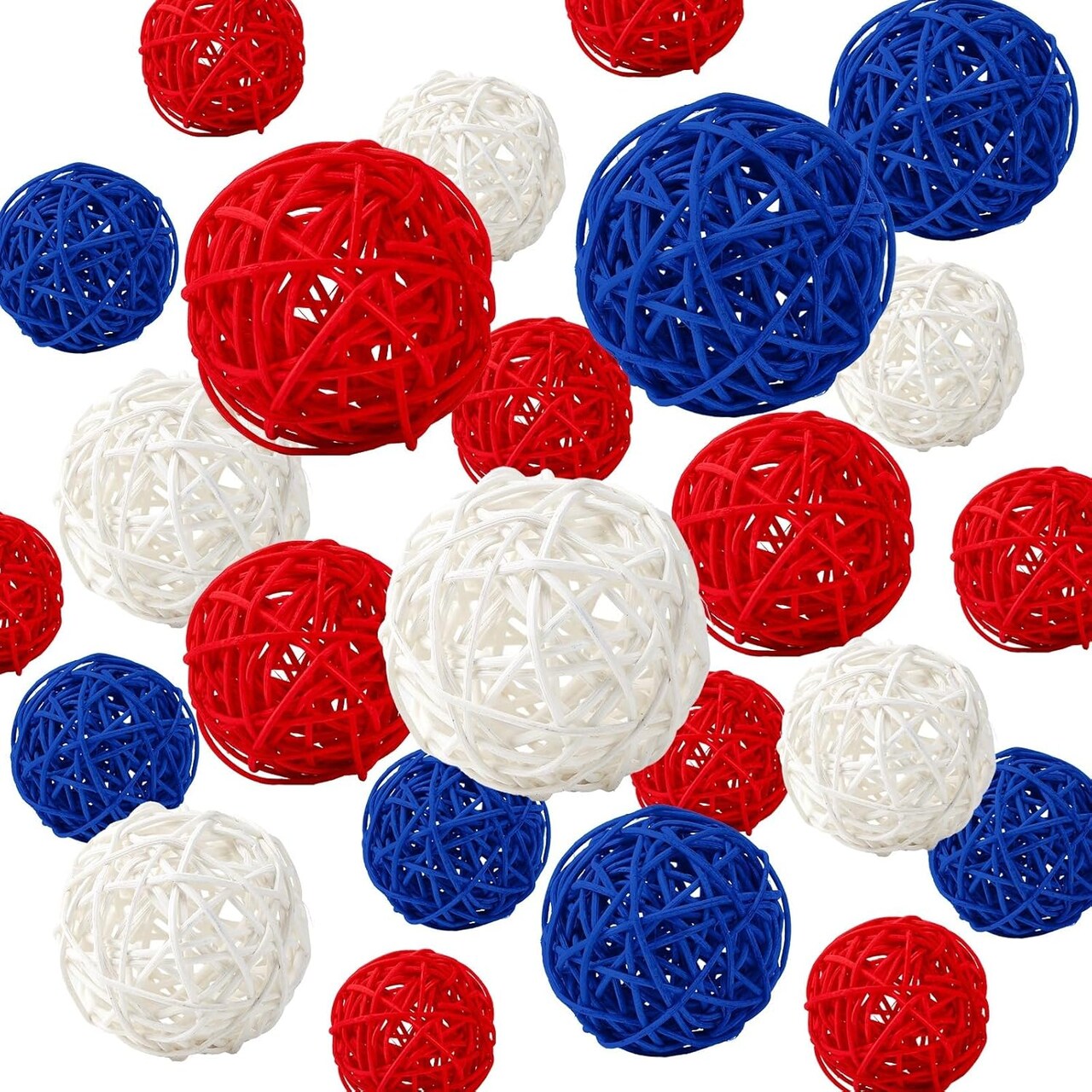40PCS 4th of July Vase Filler Red White and Blue Rattan Balls Patriotic Decorations Mixed Color Sphere Orbs Decor for Independence Day 3 Sizes 3 Colors(Red,White, Blue)